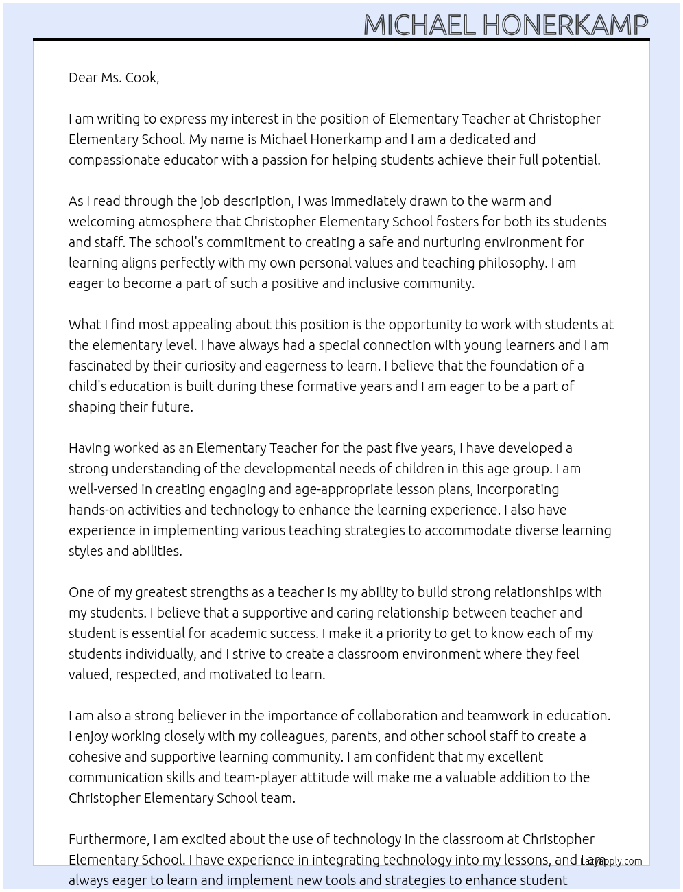 Elementary Teacher At Christopher Elementary School Cover Letter