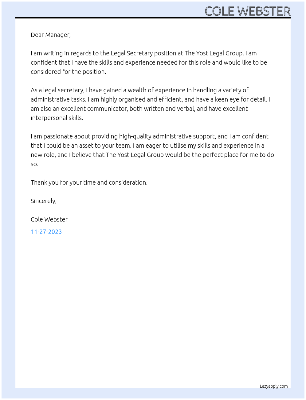 Legal Secretary At The Yost Legal Group Cover Letter