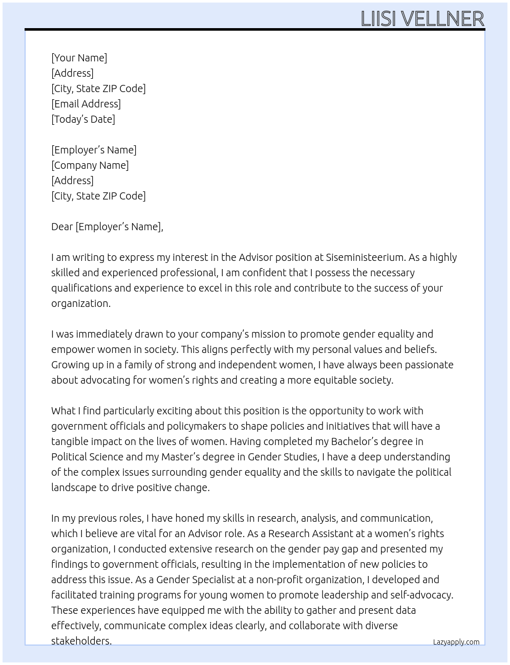 Advisor At Siseministeerium Cover Letter