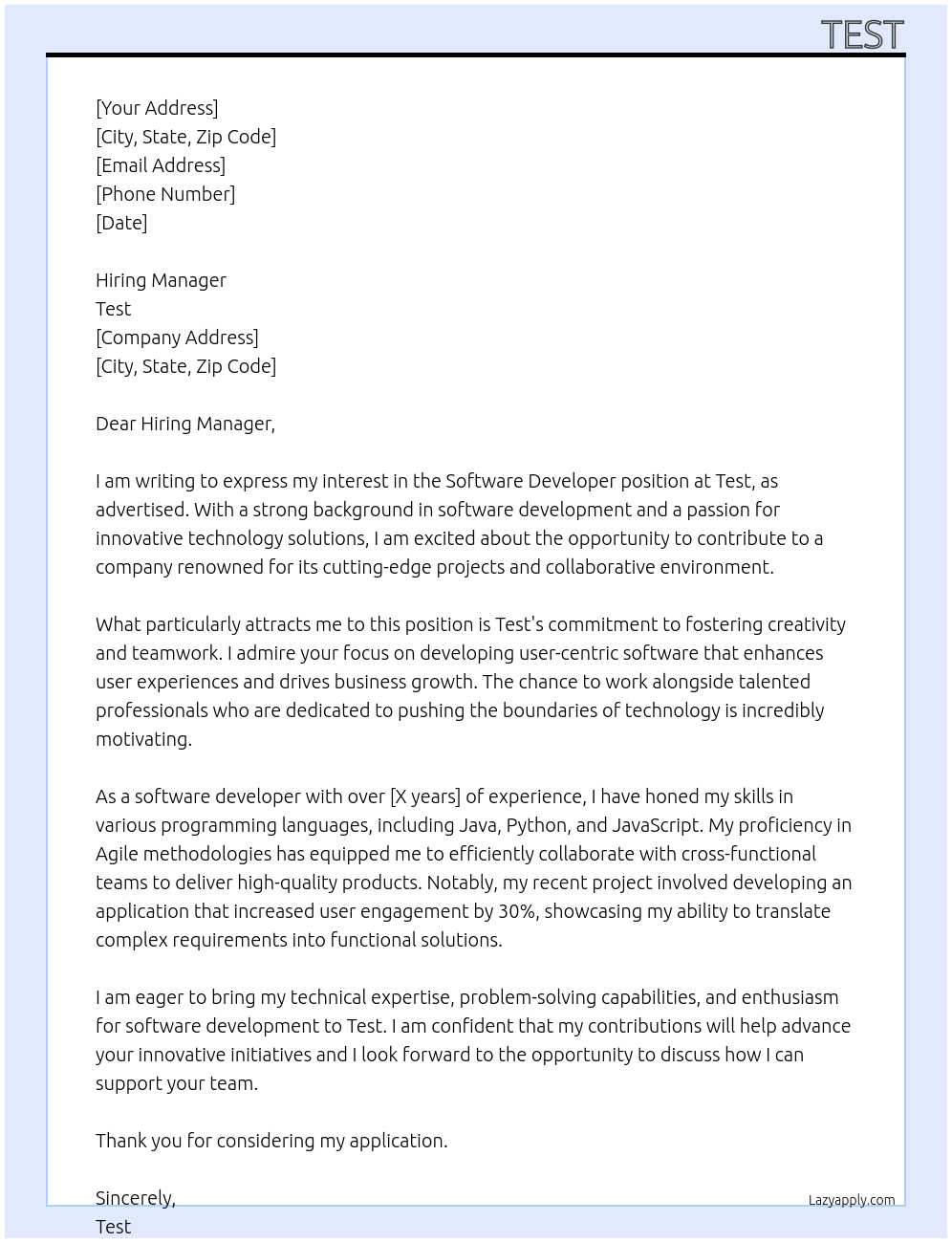 Software developer At test Cover Letter