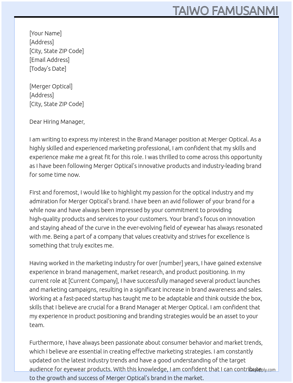 Brand Manager At Merger Optical Cover Letter