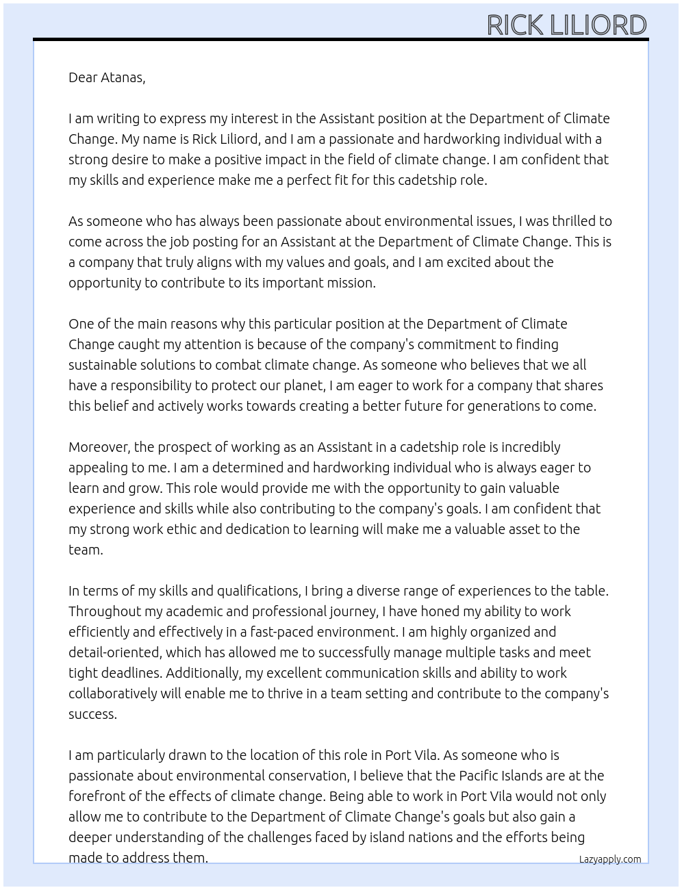 Assistant At Departement of climate change Cover Letter