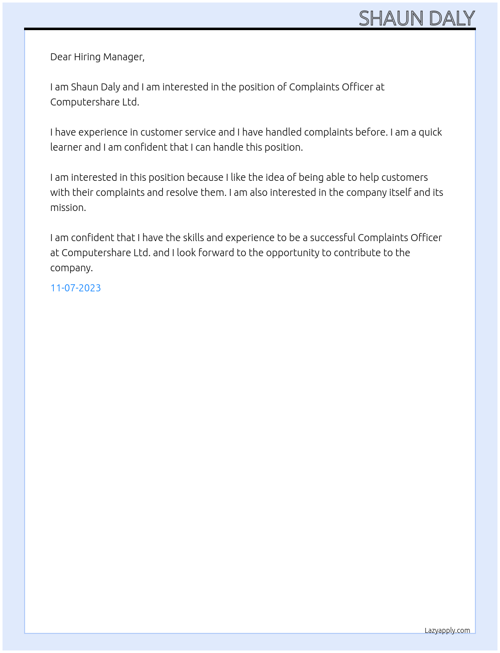 Complaints Officer At Computershare Ltd Cover Letter