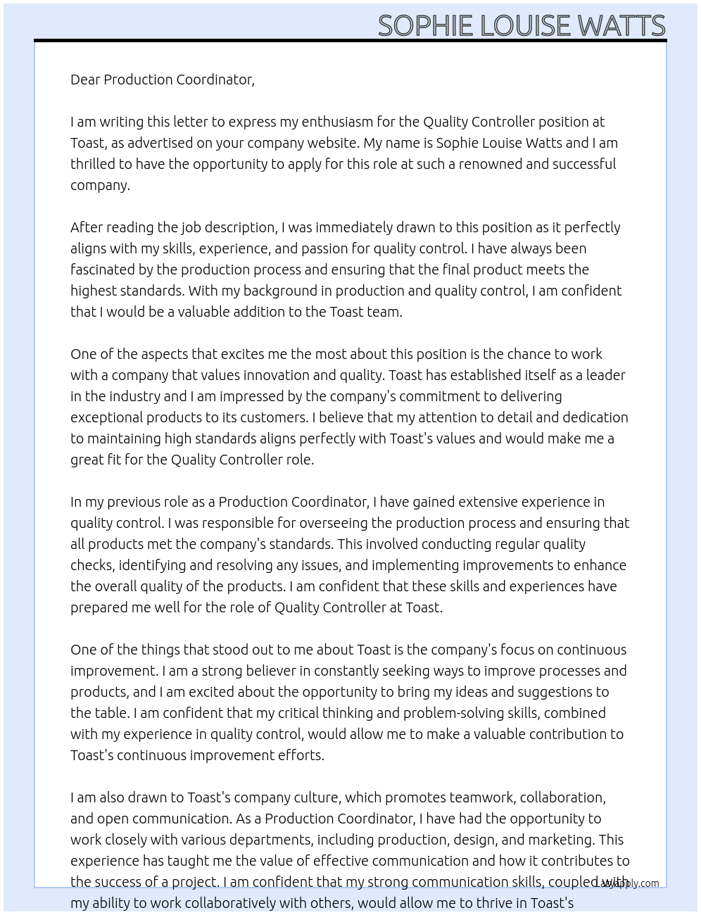 Quality Controller At Toast Cover Letter