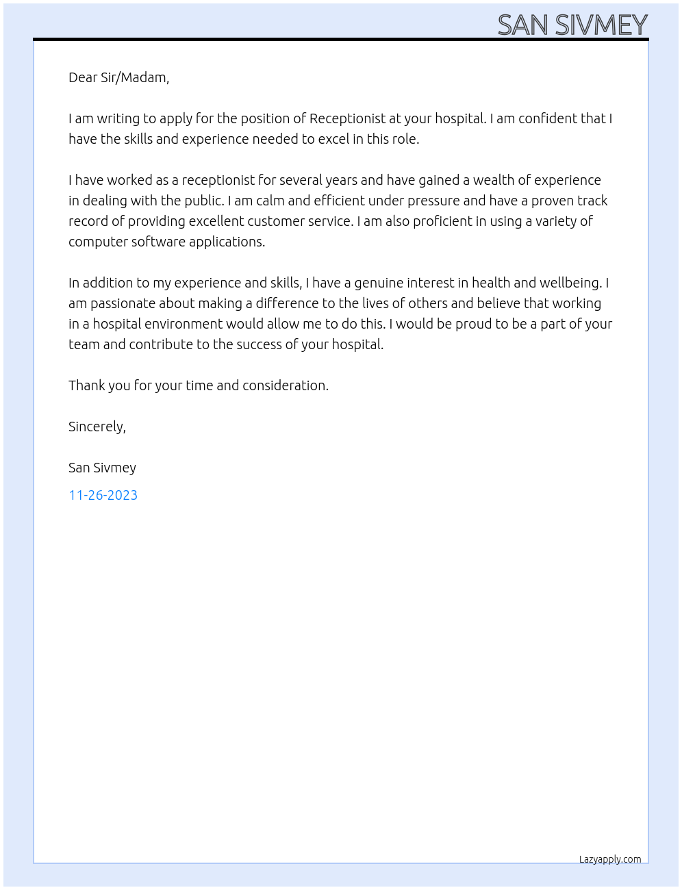 Hospital At Receptionist Cover Letter