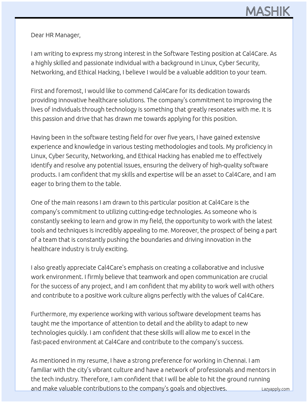 Software Testing At Cal4Care Cover Letter