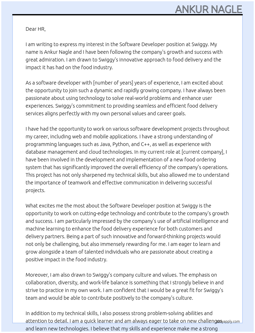 Software devloper At Swiggy Cover Letter