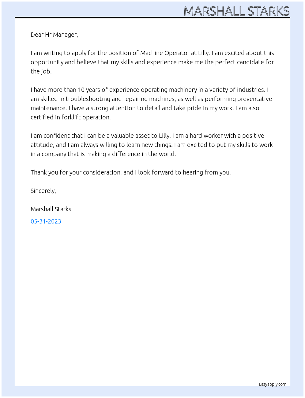 Machine Operator At Lilly Cover Letter