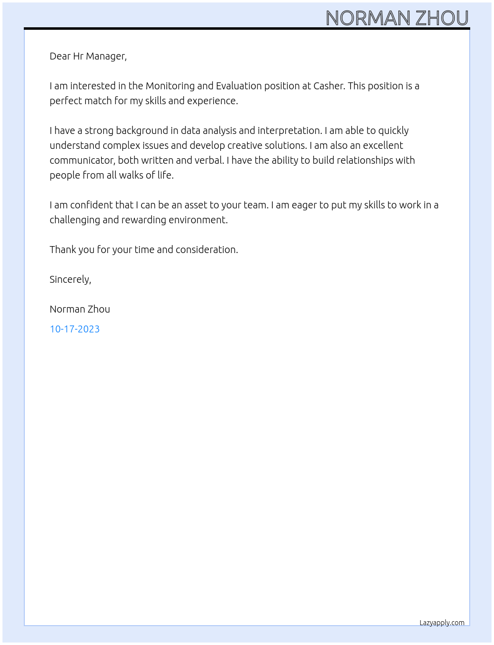 Monitoring and Evaluation At Casher Cover Letter