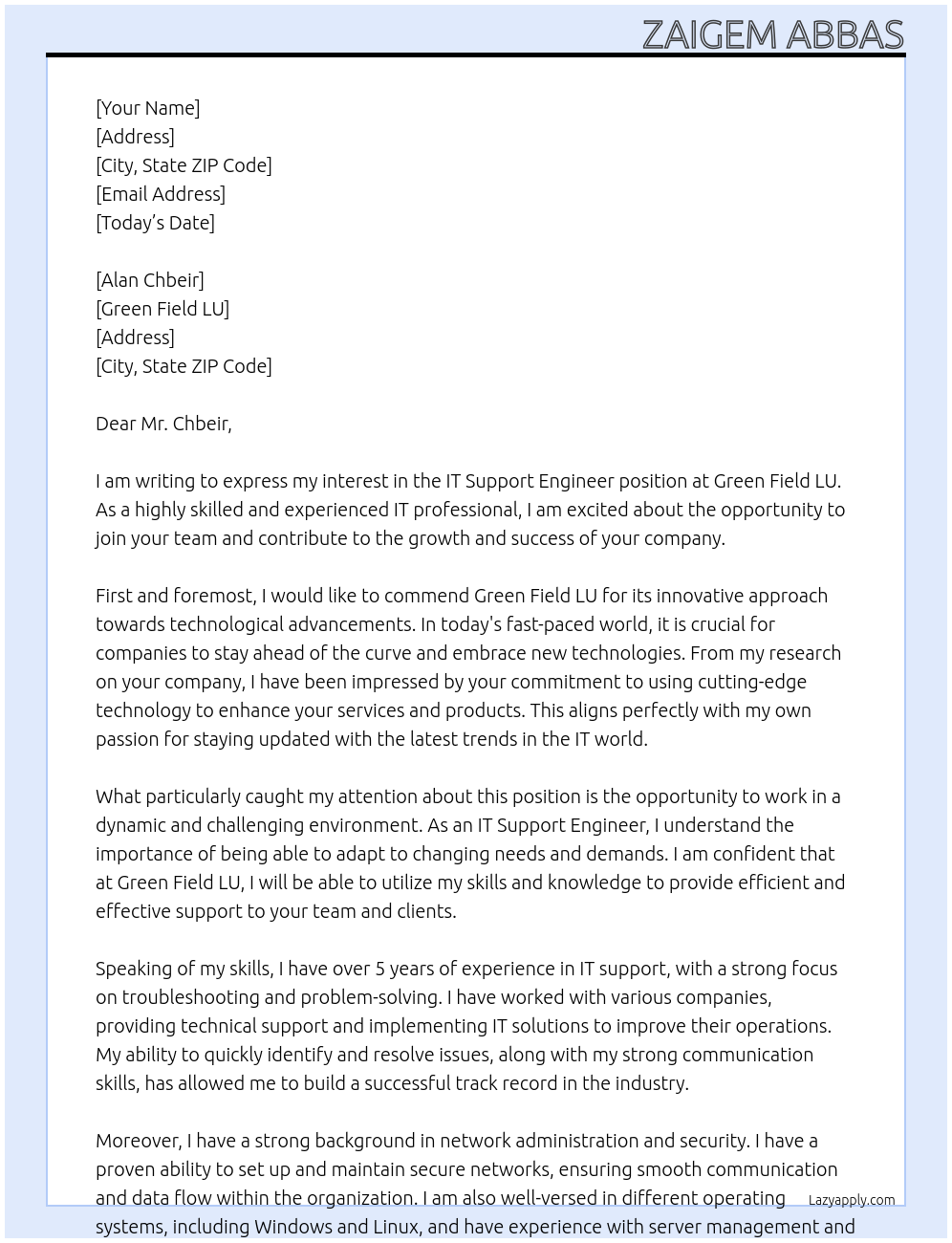 IT Support Engineer At Green Field LU Cover Letter