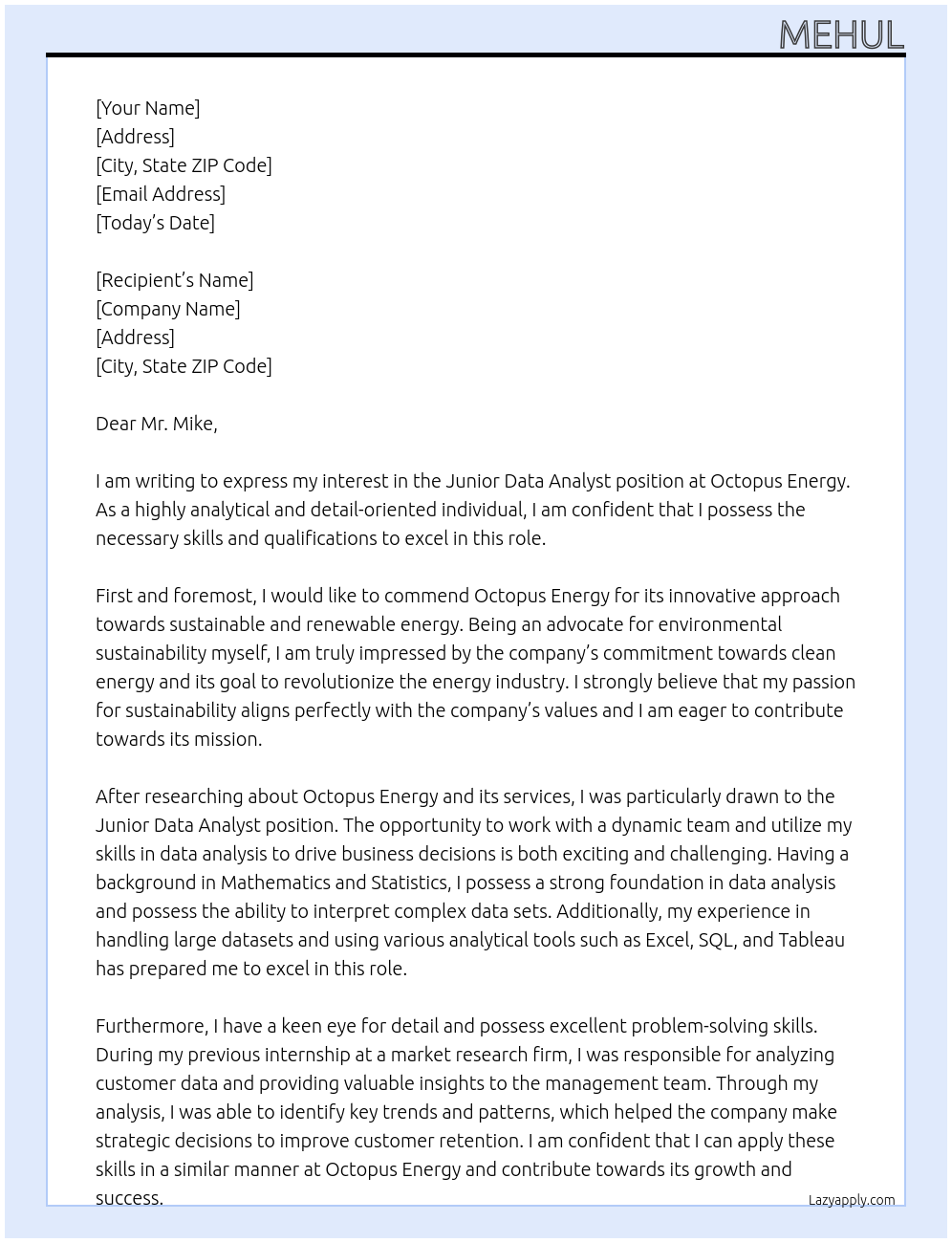 Junior Data Analyst At Octopus Energy Cover Letter