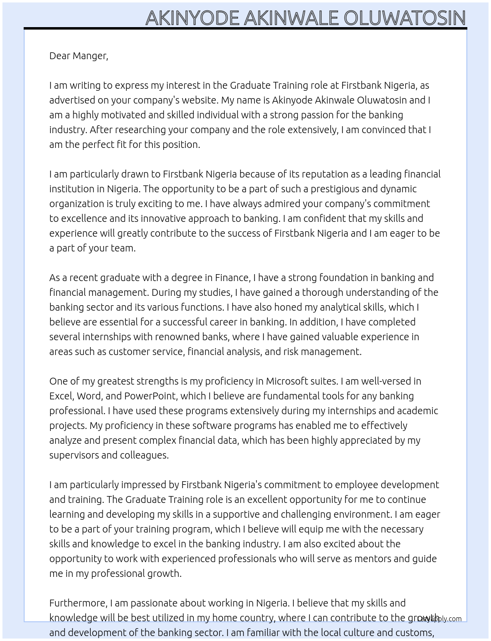 Graduate training At Firstbank Nigeria Cover Letter
