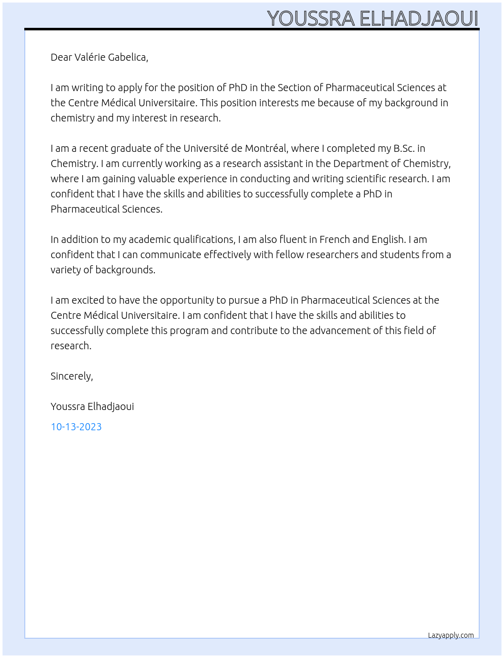 phd At Section of Pharmaceutical Sciences, Centre Médical Universitaire Cover Letter