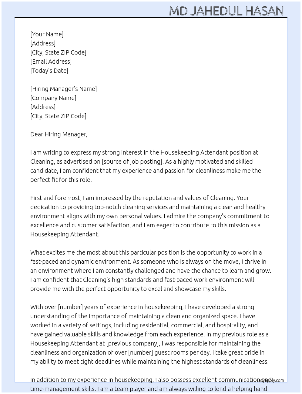 Housekeeping Attendant  At Cleaning  Cover Letter