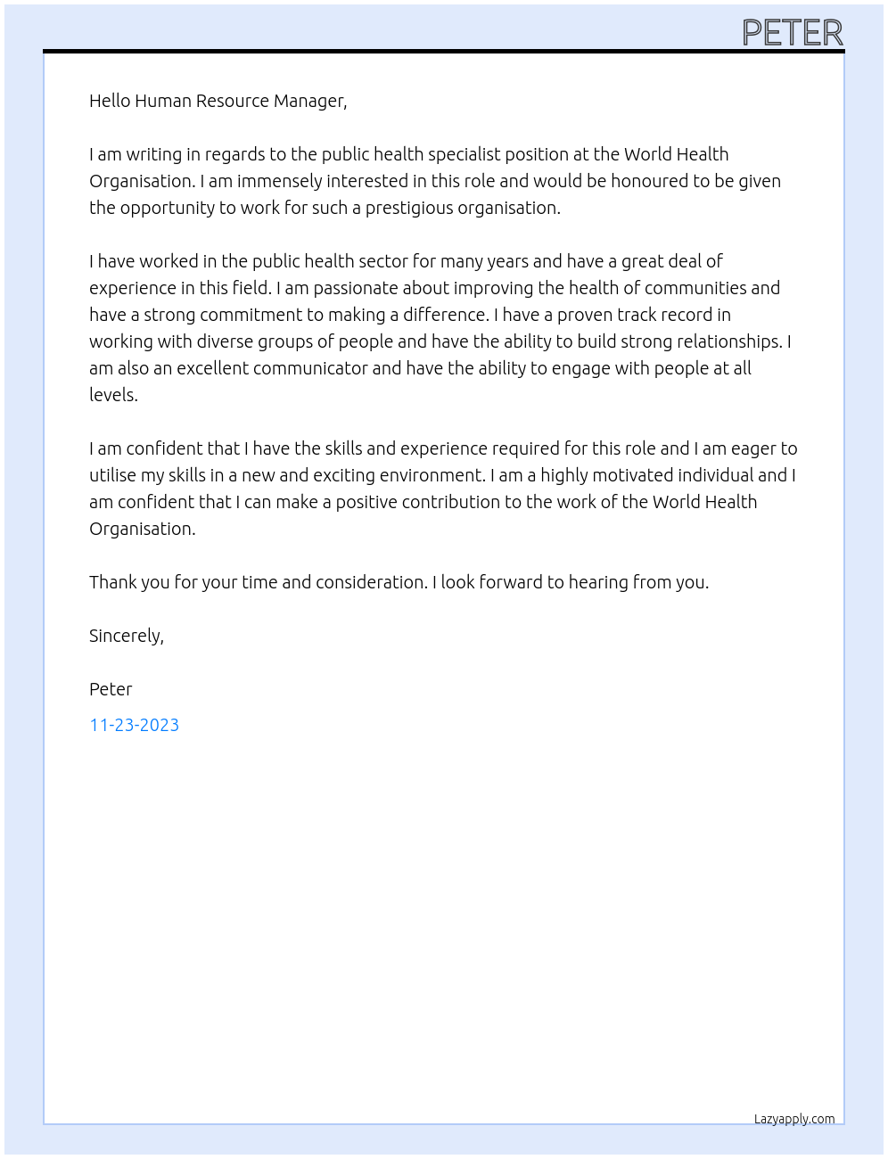 Public health specialist At World Health organisation Cover Letter