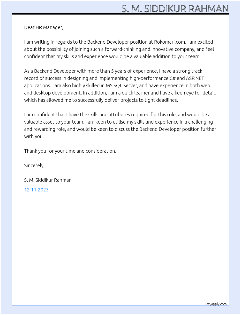 Backend Developer At Rokomari.com Cover Letter