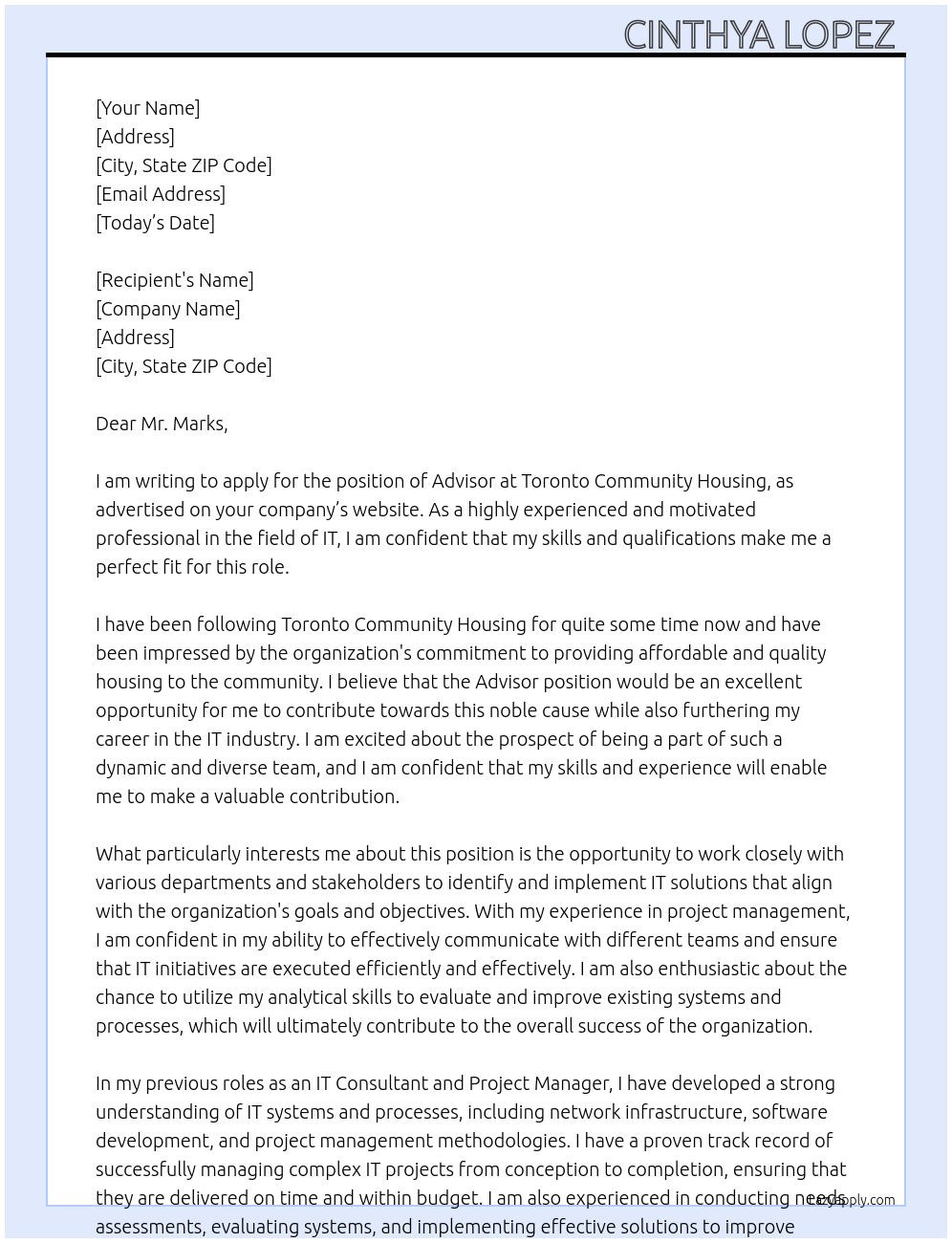 Advisor At Toronto Community Housing Cover Letter