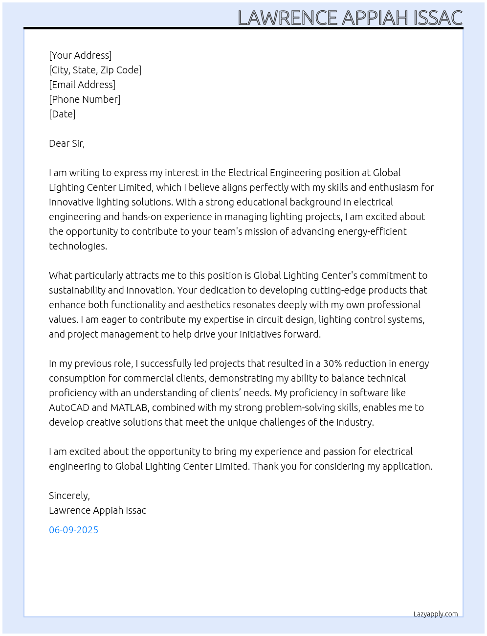 electrical engineering At Global lighting Center limited Cover Letter