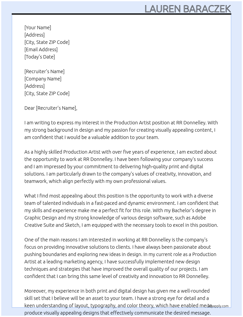 Production Artist At RR Donnelley Cover Letter