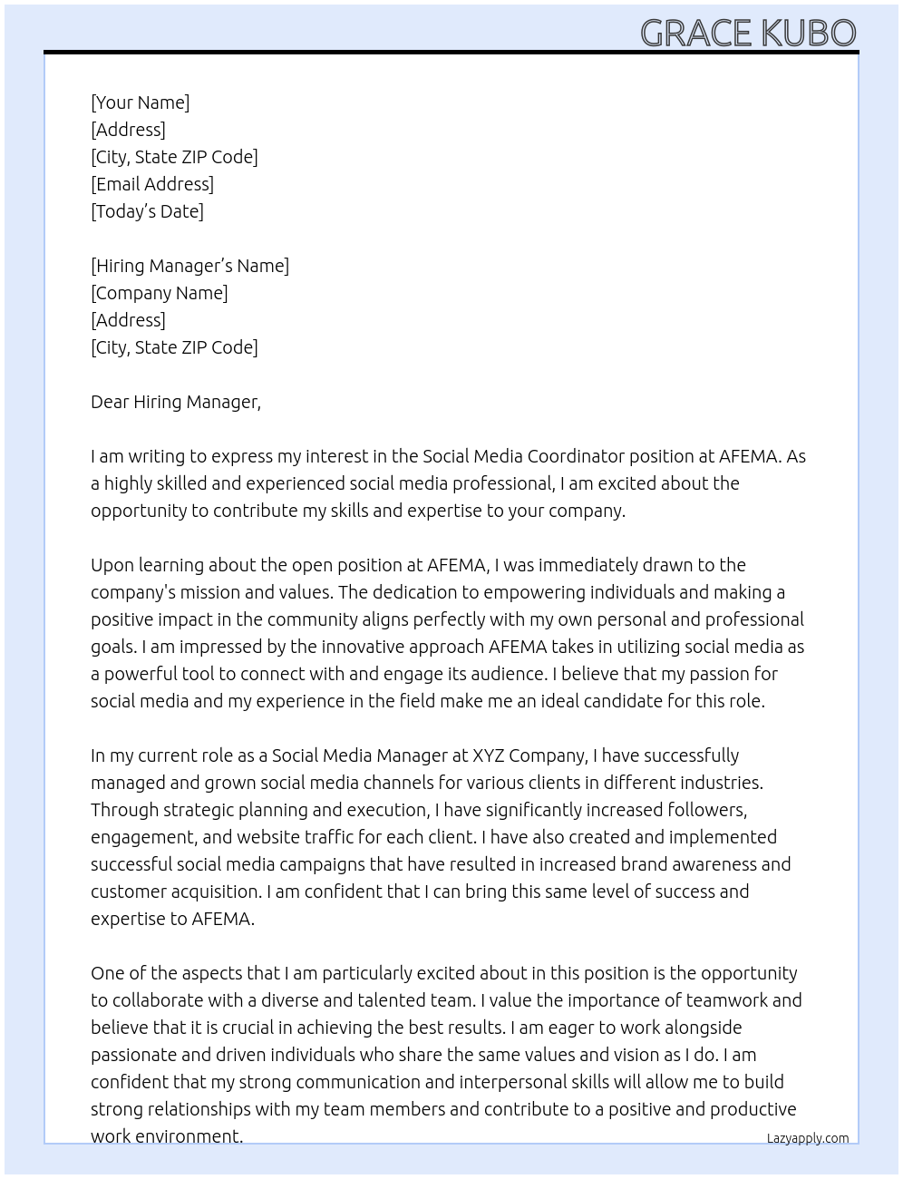 social media coordinator At AFEMA Cover Letter