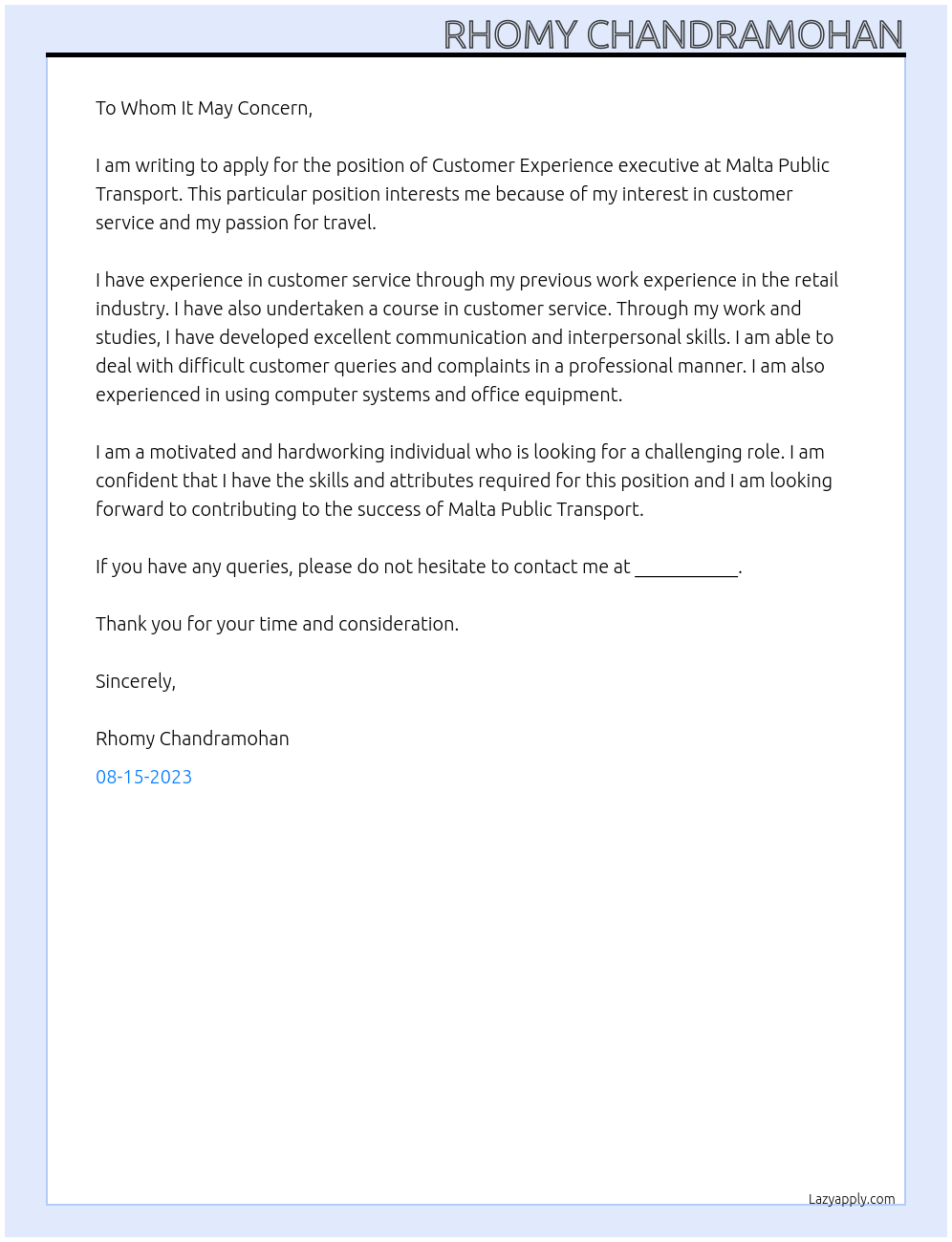 Customer Experience executive At Malta Public Transport Cover Letter