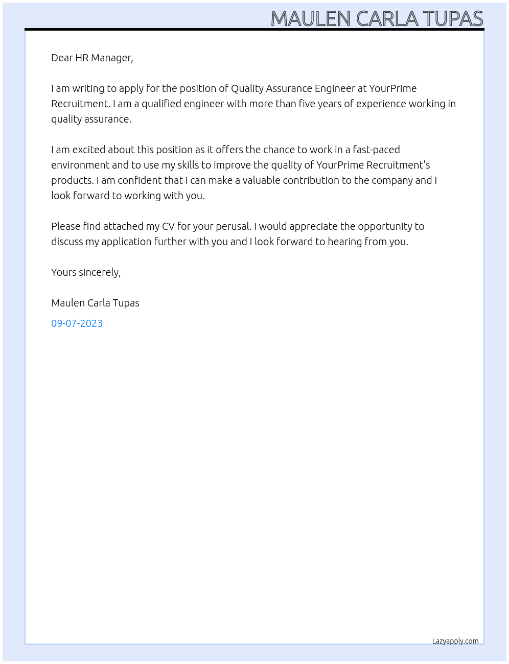 Quality Assurance Engineer At YourPrime Recruitment Cover Letter