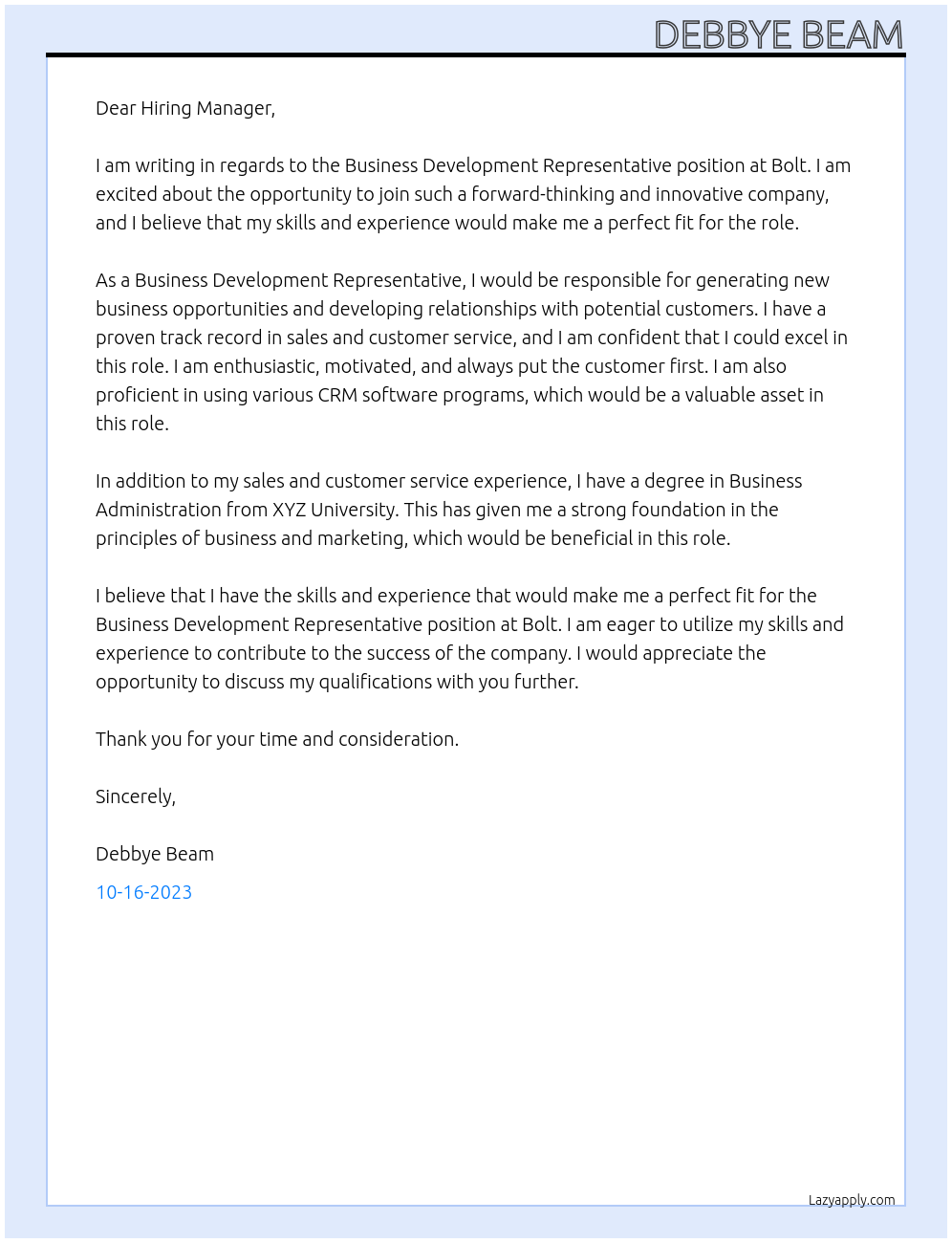 Business Development Representative At Bolt Cover Letter