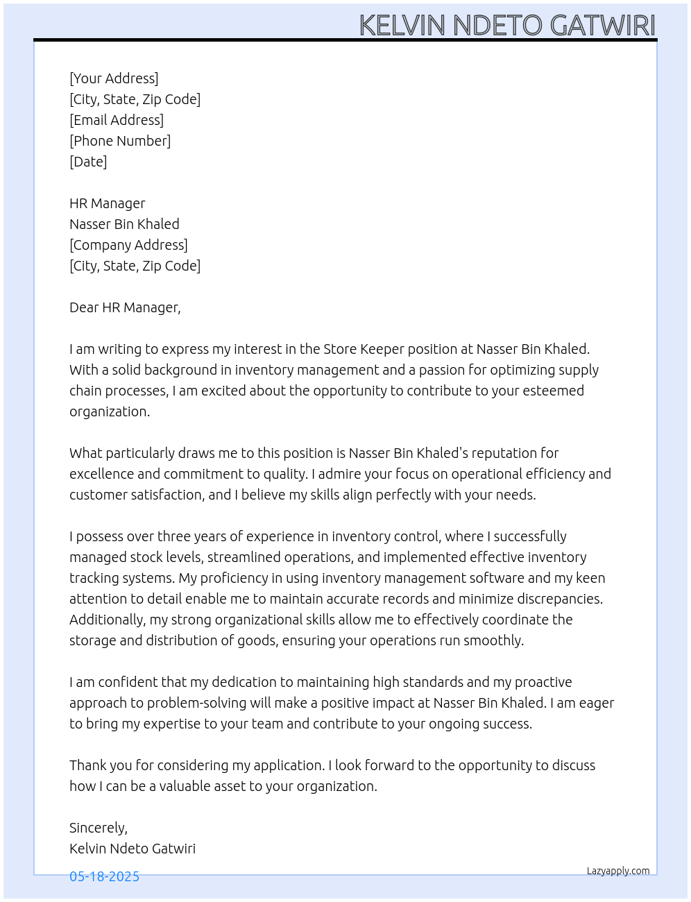 STORE KEEPER At NASSER BIN KHALED Cover Letter