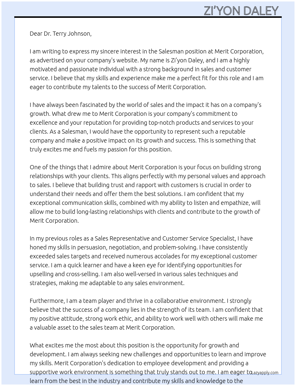 Salesman At Merit Corporation Cover Letter