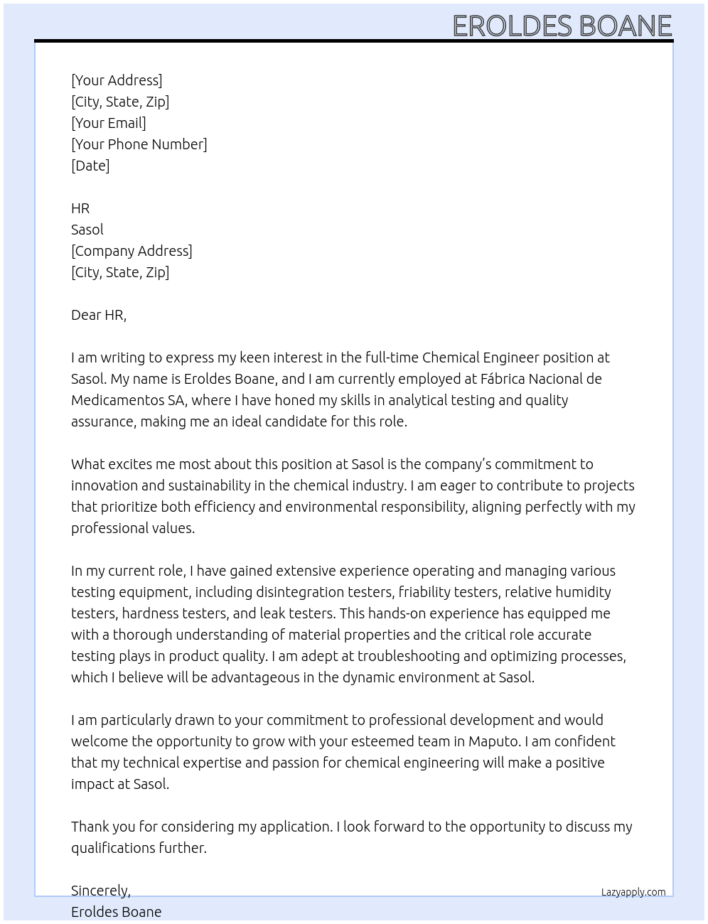 Chemical engineer At Fábrica Nacional de Medicamentos SA  Cover Letter