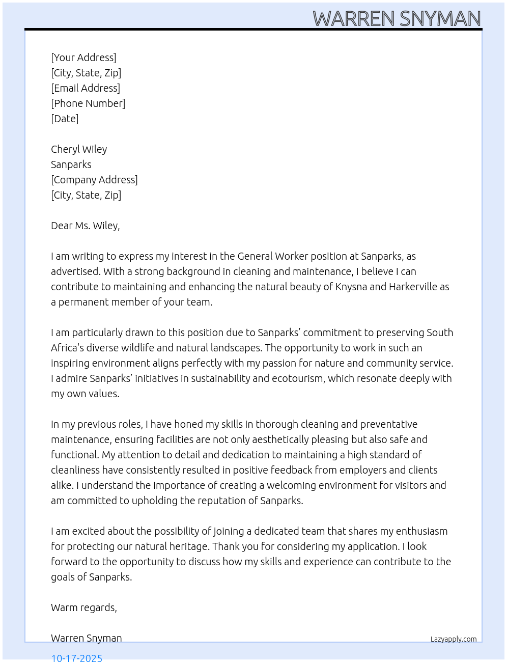 General Worker At Sanparks Cover Letter