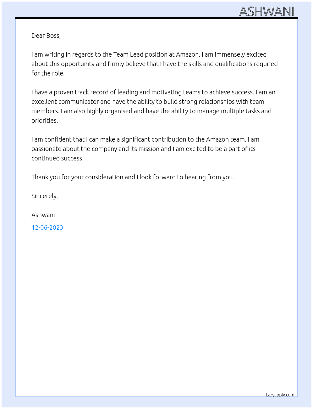 Team Lead At Amazon Cover Letter