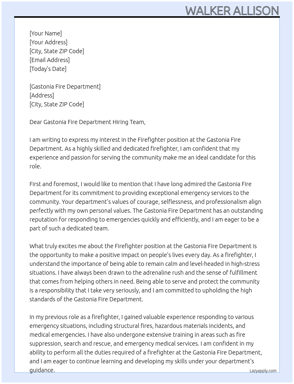 Firefighter At Gastonia Fire Department Cover Letter