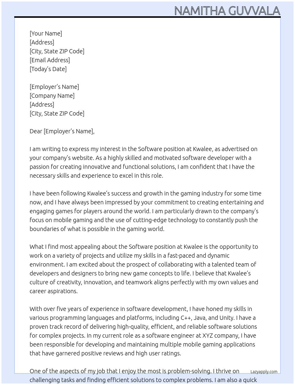 Software At Kwalee Cover Letter