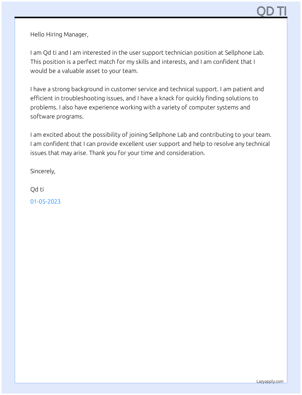 user support technician At Sellphone Lab Cover Letter