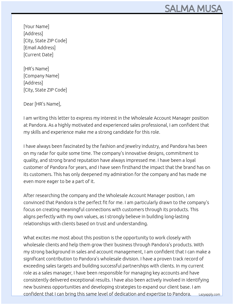Wholesale Account Manager  At Pandora  Cover Letter