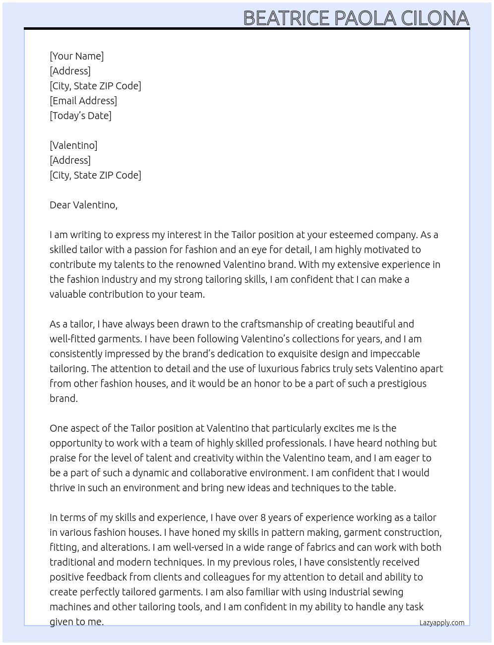 Tailor At Valentino Cover Letter