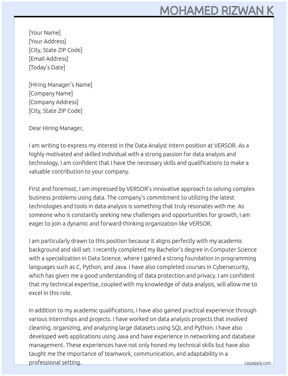 Data Analyst Intern At VERSOR  Cover Letter