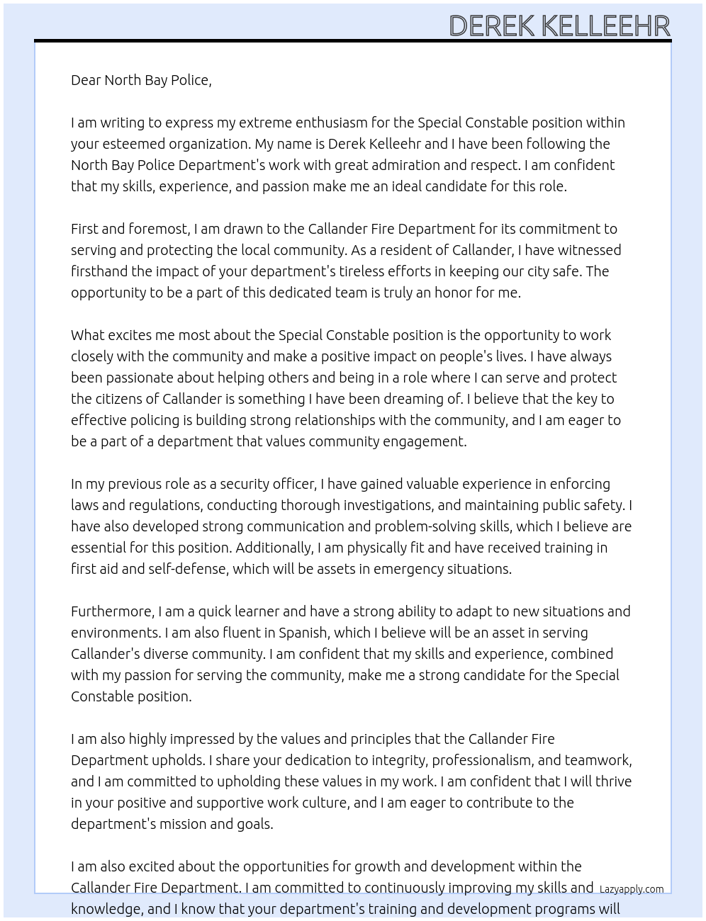 Special Constable At Callander fire department Cover Letter