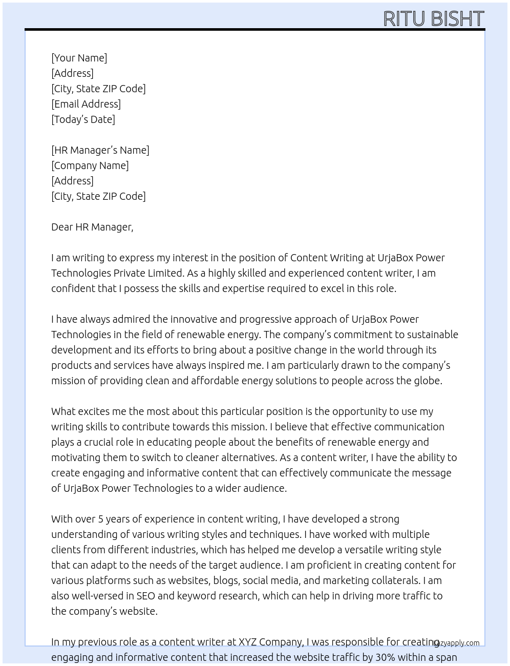 Content Writing At UrjaBox Power Technologies Private Limited Cover Letter