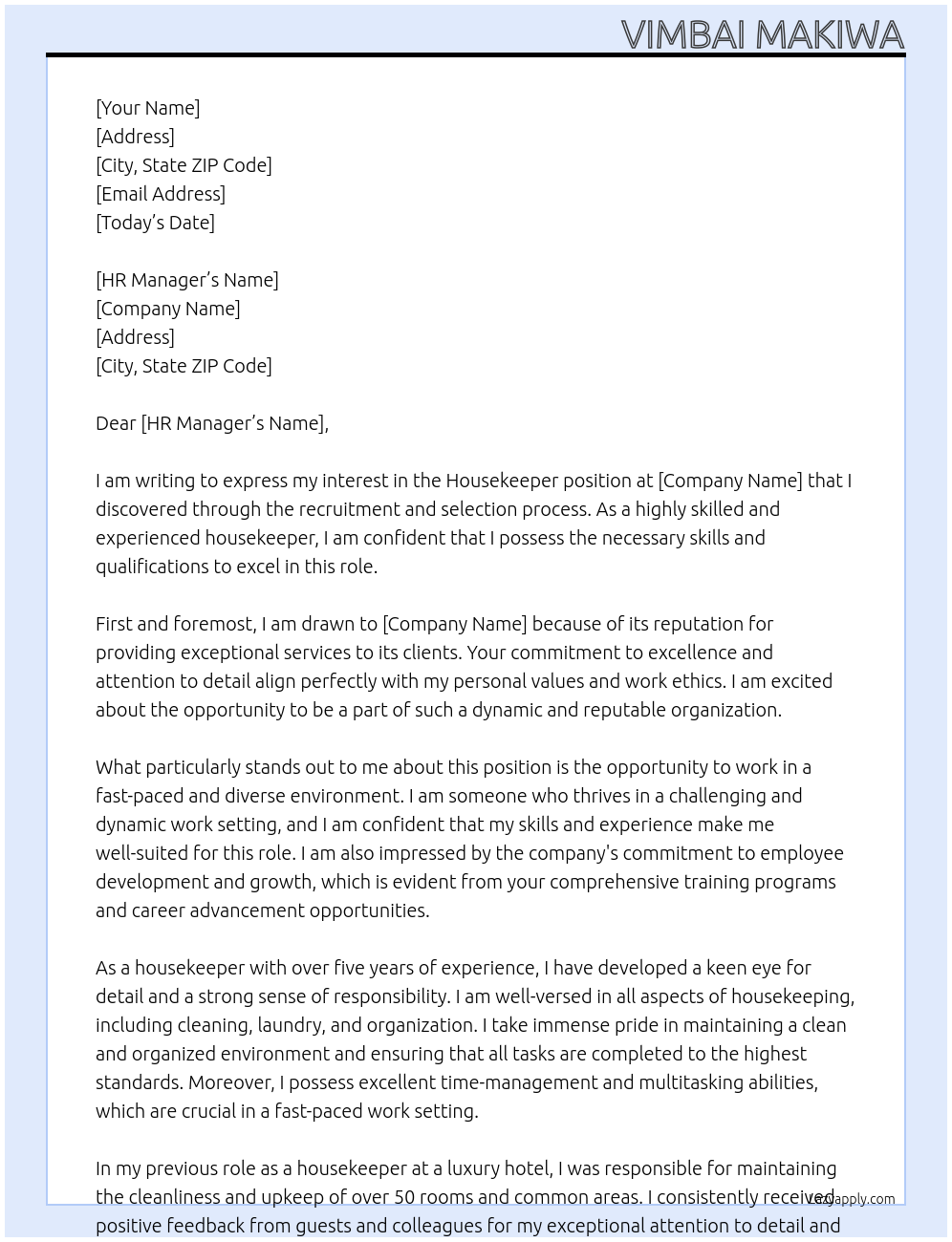 Housekeeper At Recruitment and selection Cover Letter