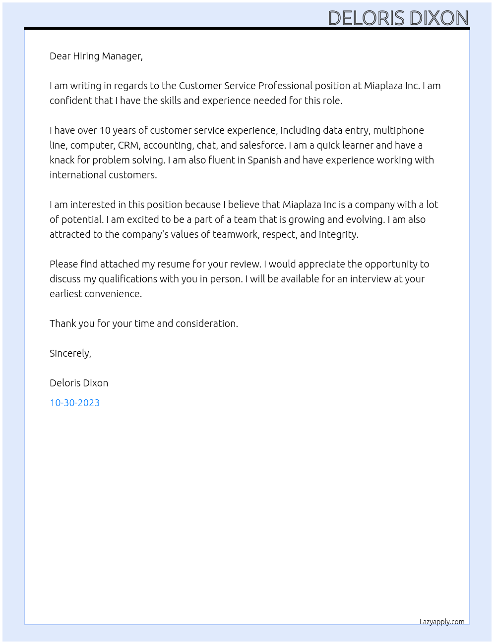 Customer Service Professional At Miaplaza Inc Cover Letter