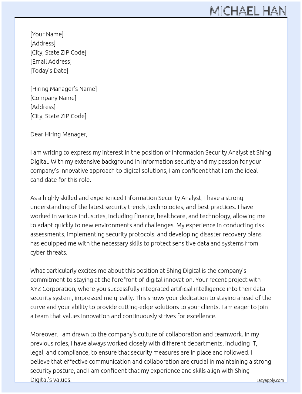 Cover letter for information security analyst - LazyApply
