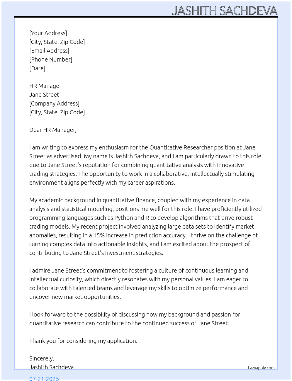 Cover letter for quantitative researcher - LazyApply