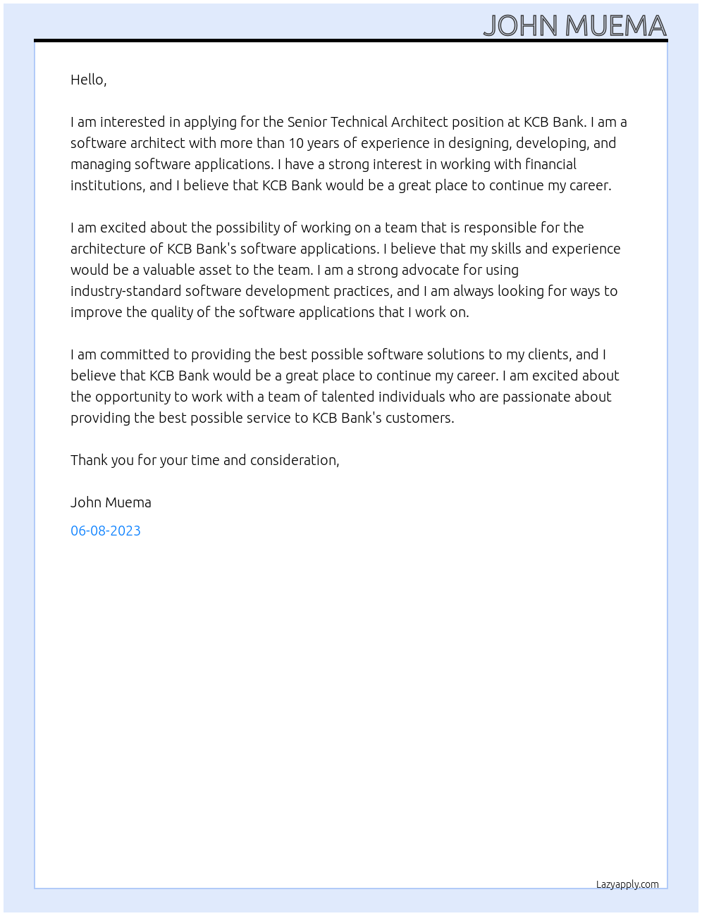 Senior Techincal Arcihtect At KCB Bank Cover Letter