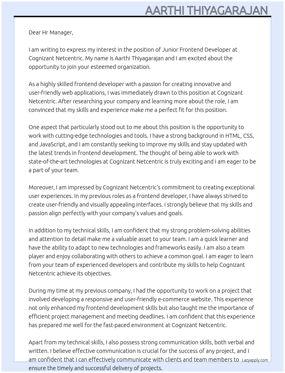 junior frontend developer At cognizant netcentric Cover Letter