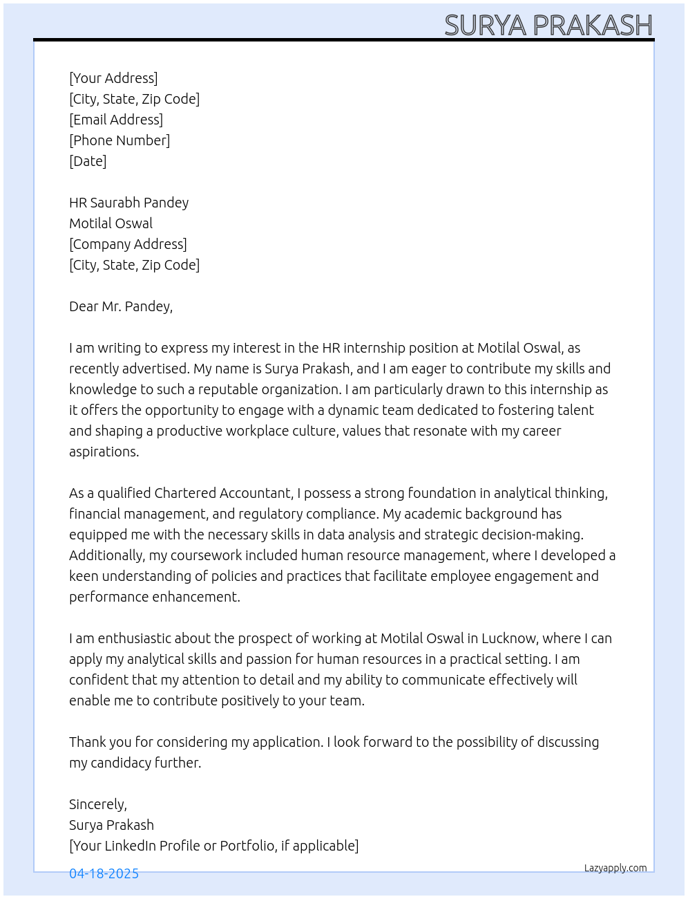 HR At Motilal Oswal Cover Letter