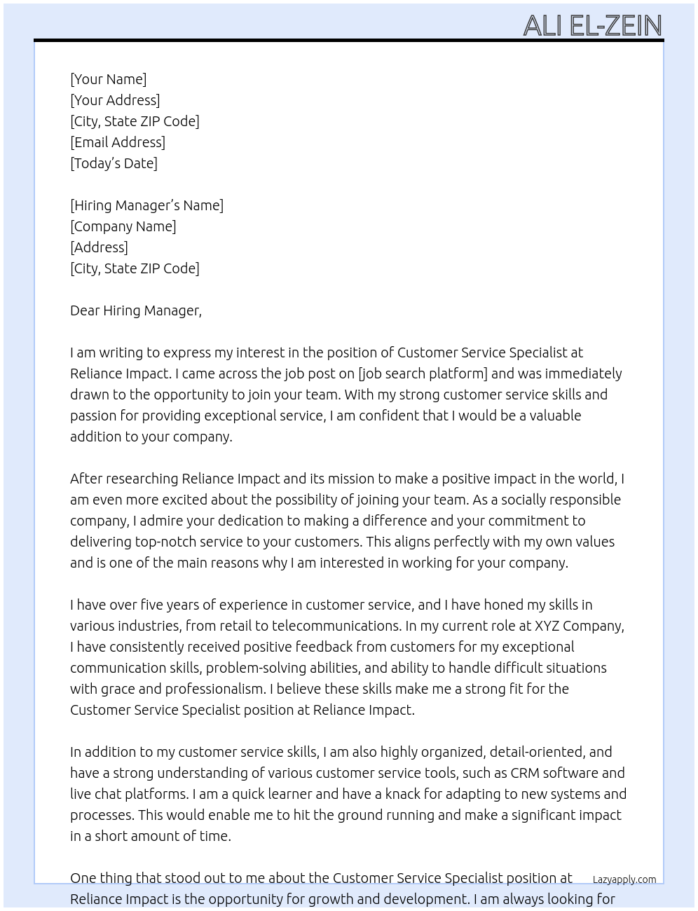 Customer Service Specialist At Reliance Impact Cover Letter