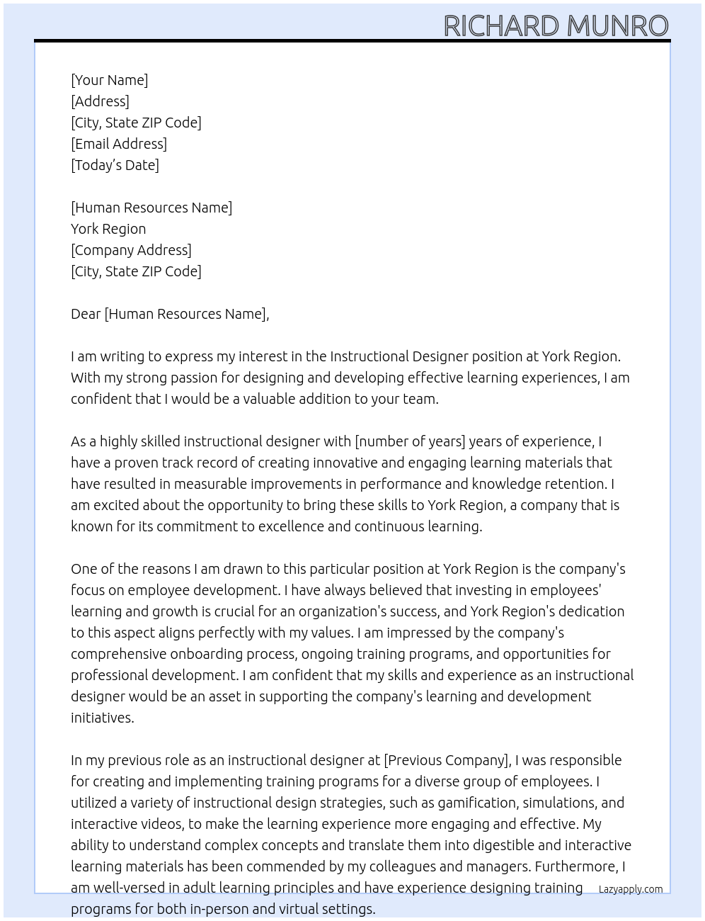 instructional designer At York Region Cover Letter