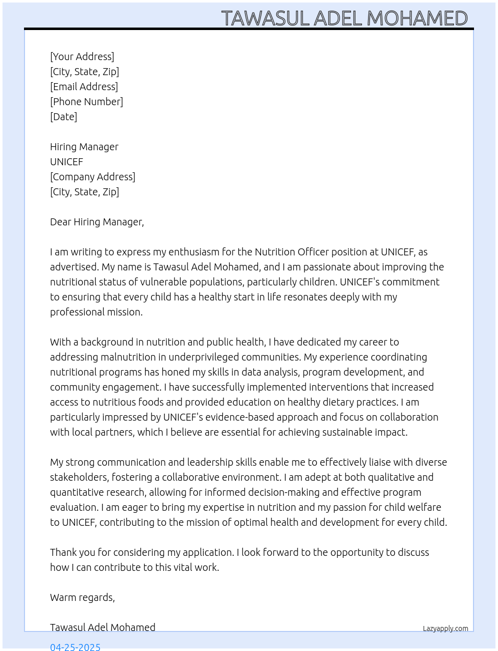 Nutrition Officer  At UNICEF Cover Letter